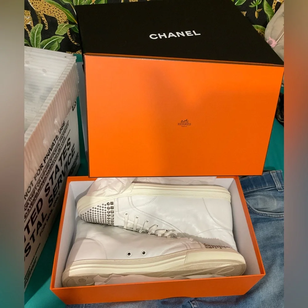 Men’s Gucci White Leather Studded High Top Sneaker Size 15 AUTHENTIC